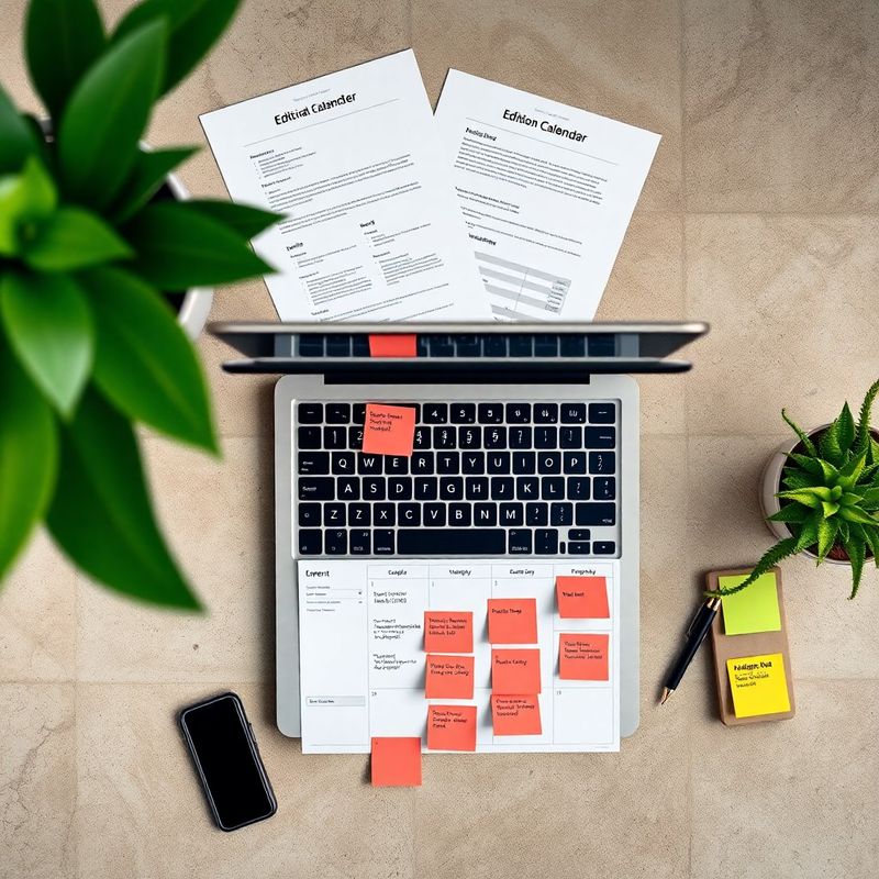 Overhead flat-lay of brief templates, an editorial calendar and a Notion board on a stone desk