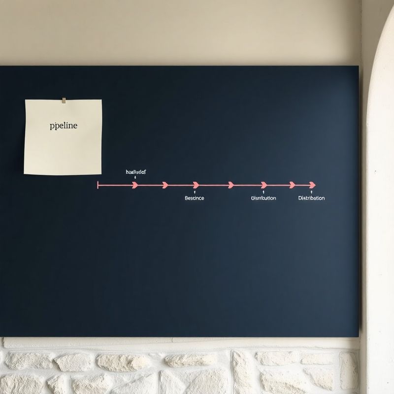 Pipeline diagram on cream paper pinned to a dark navy board, coral arrows connecting stages from brief to distribution