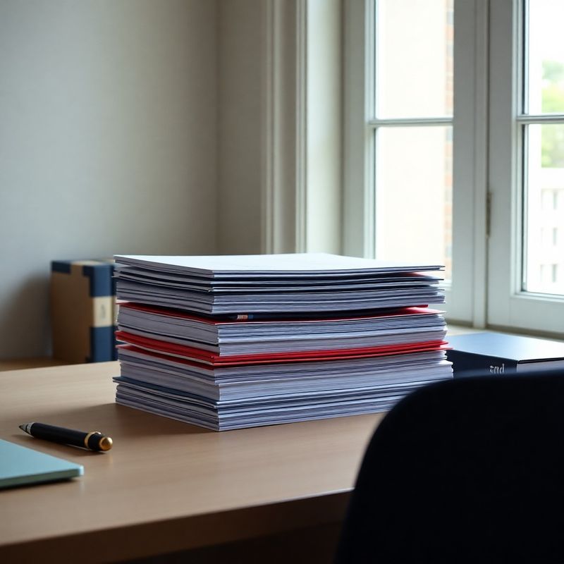 Three distinct document stacks representing service tiers, with midnight-coral folder tabs on a stone desk