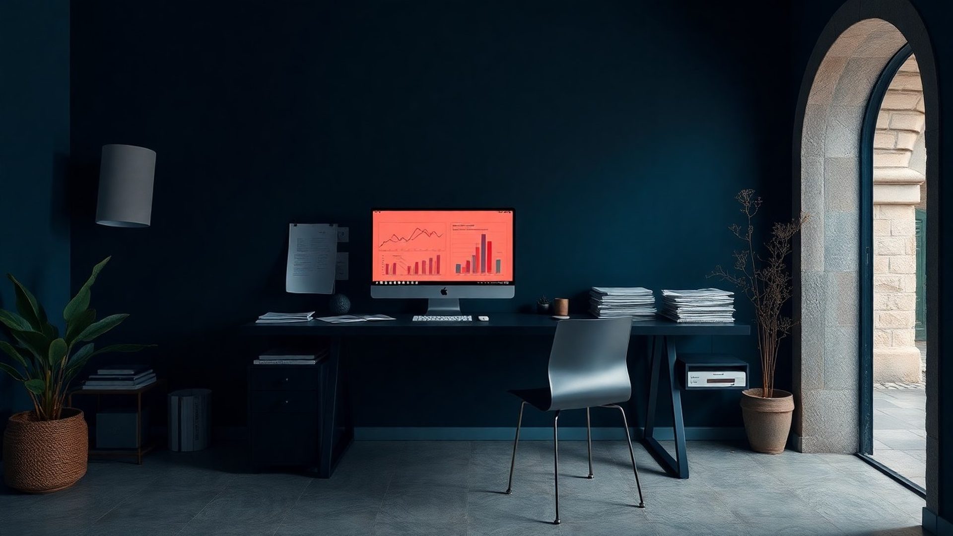 Editorial workspace with documents, charts and a coral-accented monitor on a deep navy desk