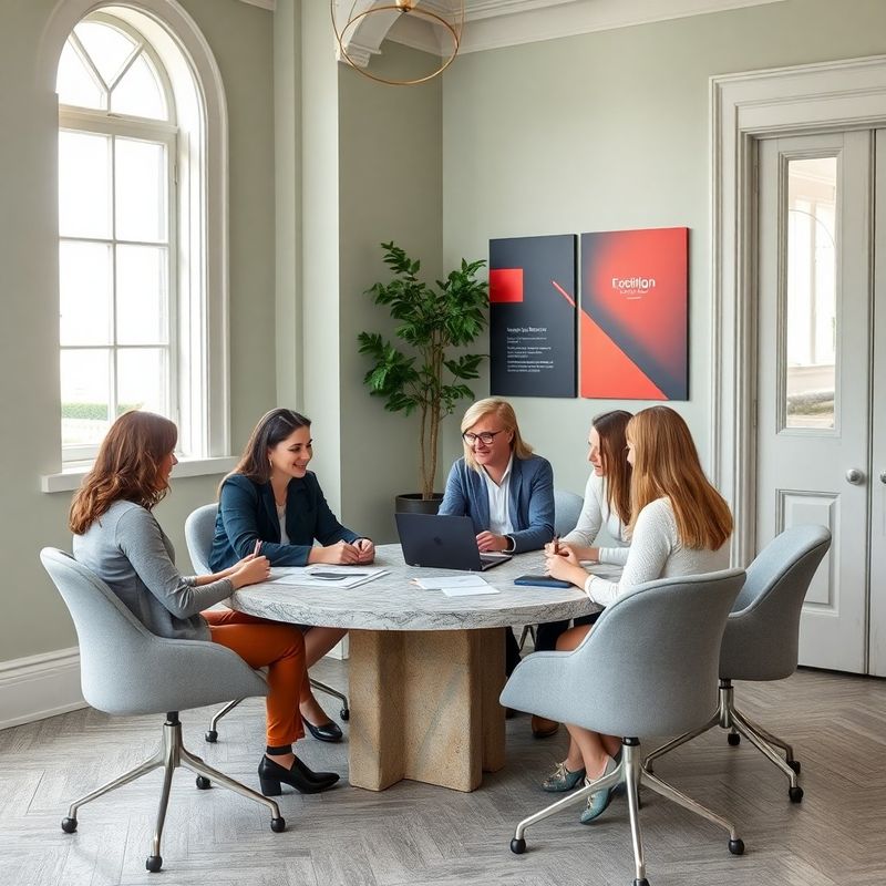 Small content team collaborating around a stone-grey table under Atlantic light